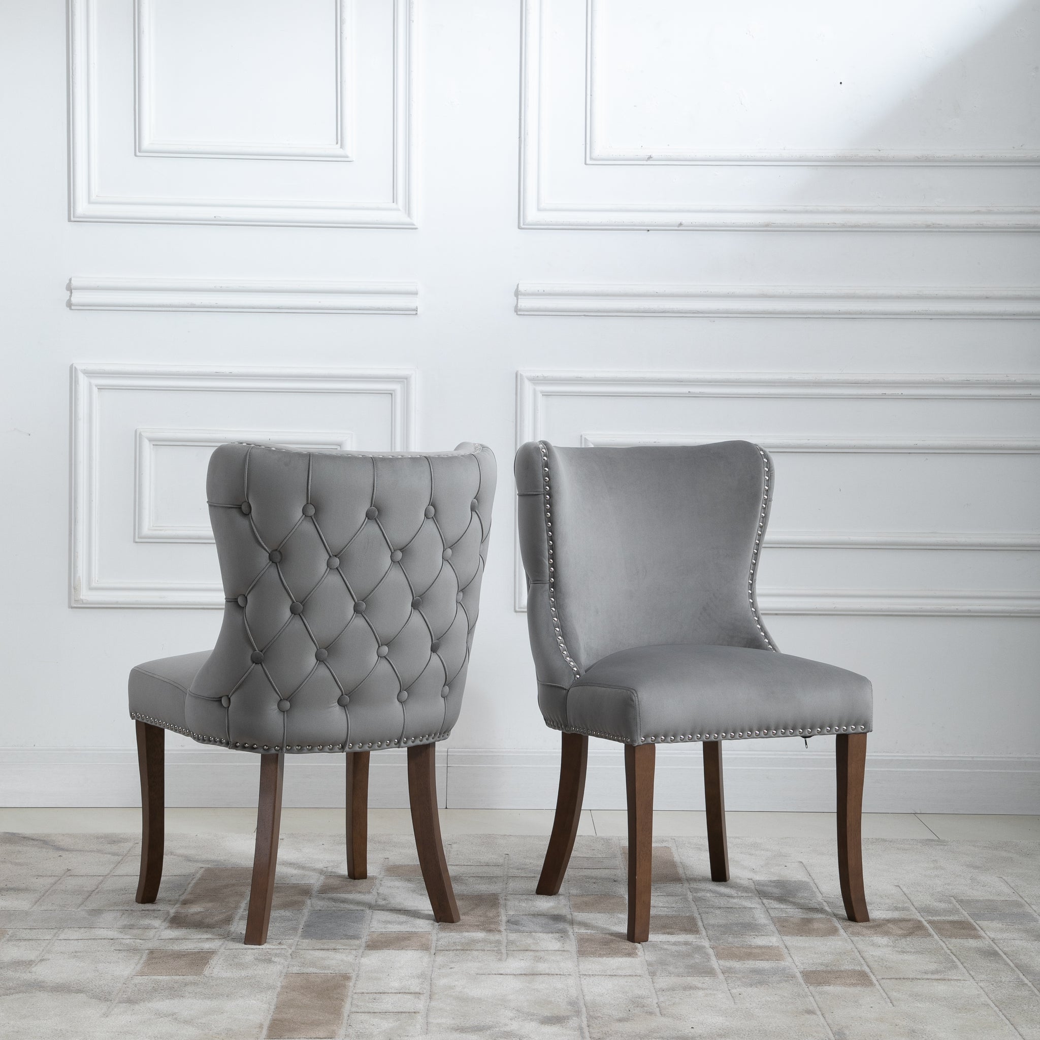 2 PCS Light Grey Upholstered Wing-Back Dining Chair with Back-stitching Nail-head Trim and Solid Wood Legs