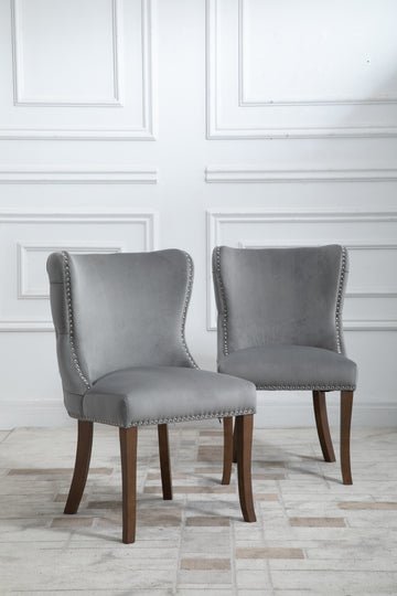 2 PCS Light Grey Upholstered Wing-Back Dining Chair with Back-stitching Nail-head Trim and Solid Wood Legs