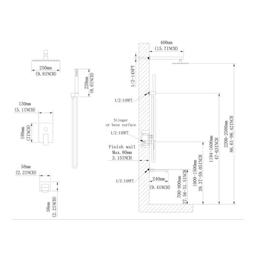 Shower System 10 Inch Square Bathroom Luxury Rain Mixer Shower Combo Set