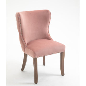 2 PCS Pink Upholstered Wing-Back Dining Chair with Back-stitching Nail-head Trim and Solid Wood Legs