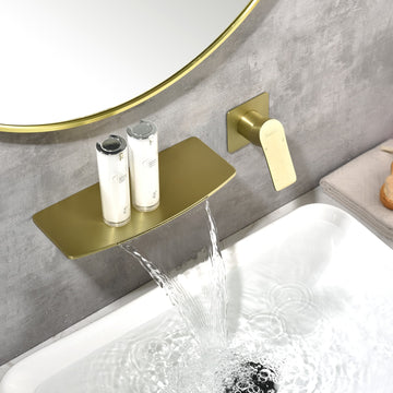 Brushed Gold Waterfall Bathroom Sink Faucet 1- Handle Wall Mount Lavatory Faucet Mixer Tap Solid Brass