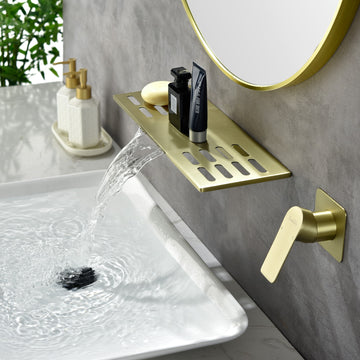 Brushed Gold Waterfall Bathroom Sink Faucet 1- Handle Wall Mount Lavatory Faucet Mixer Tap Solid Brass