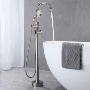 Floor Mount Freestanding Tub Faucet with Handheld Shower in Brushed Nickel