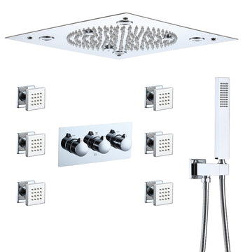 Thermostatic 12 in. Ceiling Mount LED Rainfall Shower System with 6 Side Jet Bathroom Shower Mixer Set