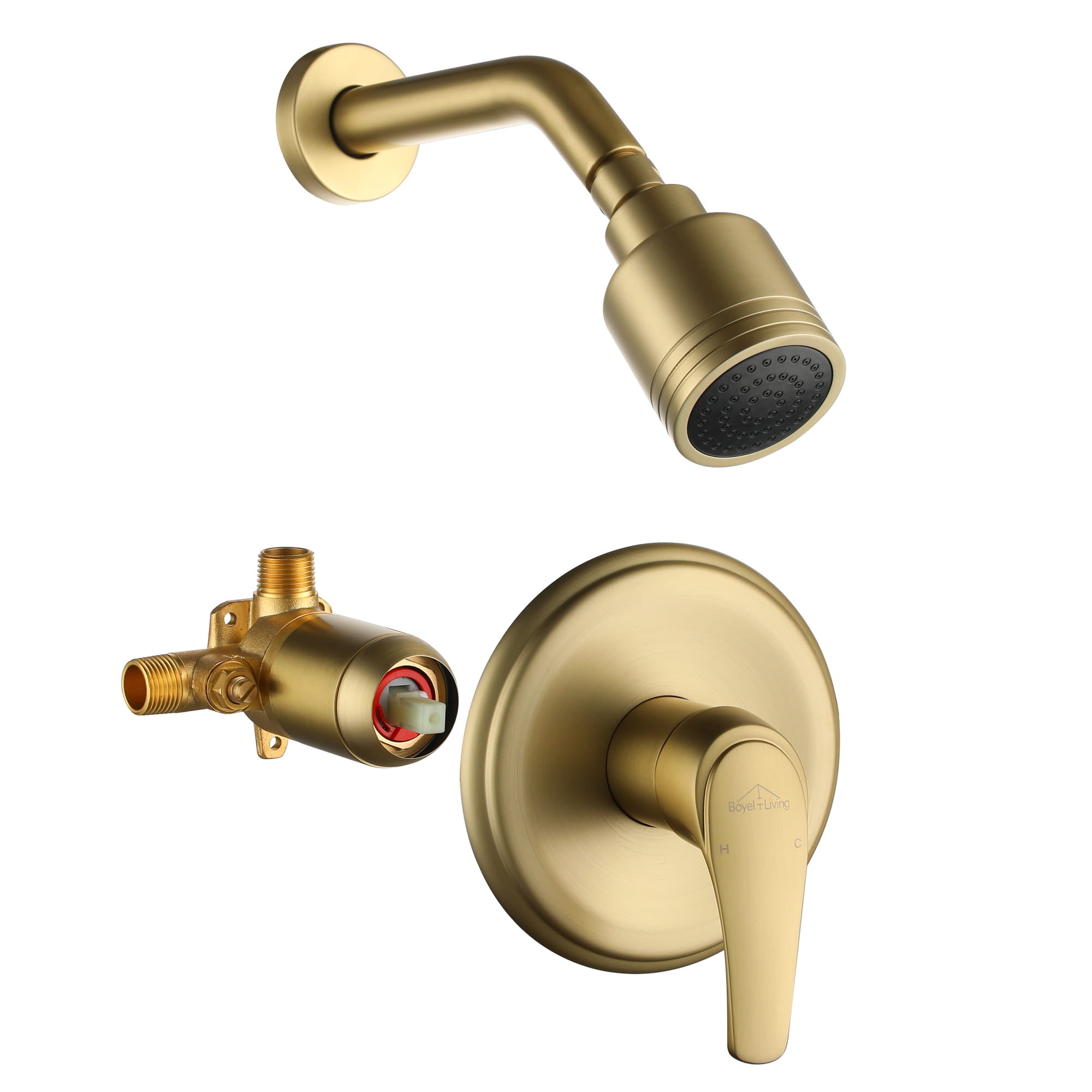 Boyel Living 1-Spray Patterns with 4.1 GPM 2.52 in. Wall Mount Rain Fixed Shower Head with Single Lever Handle in Brushed Gold