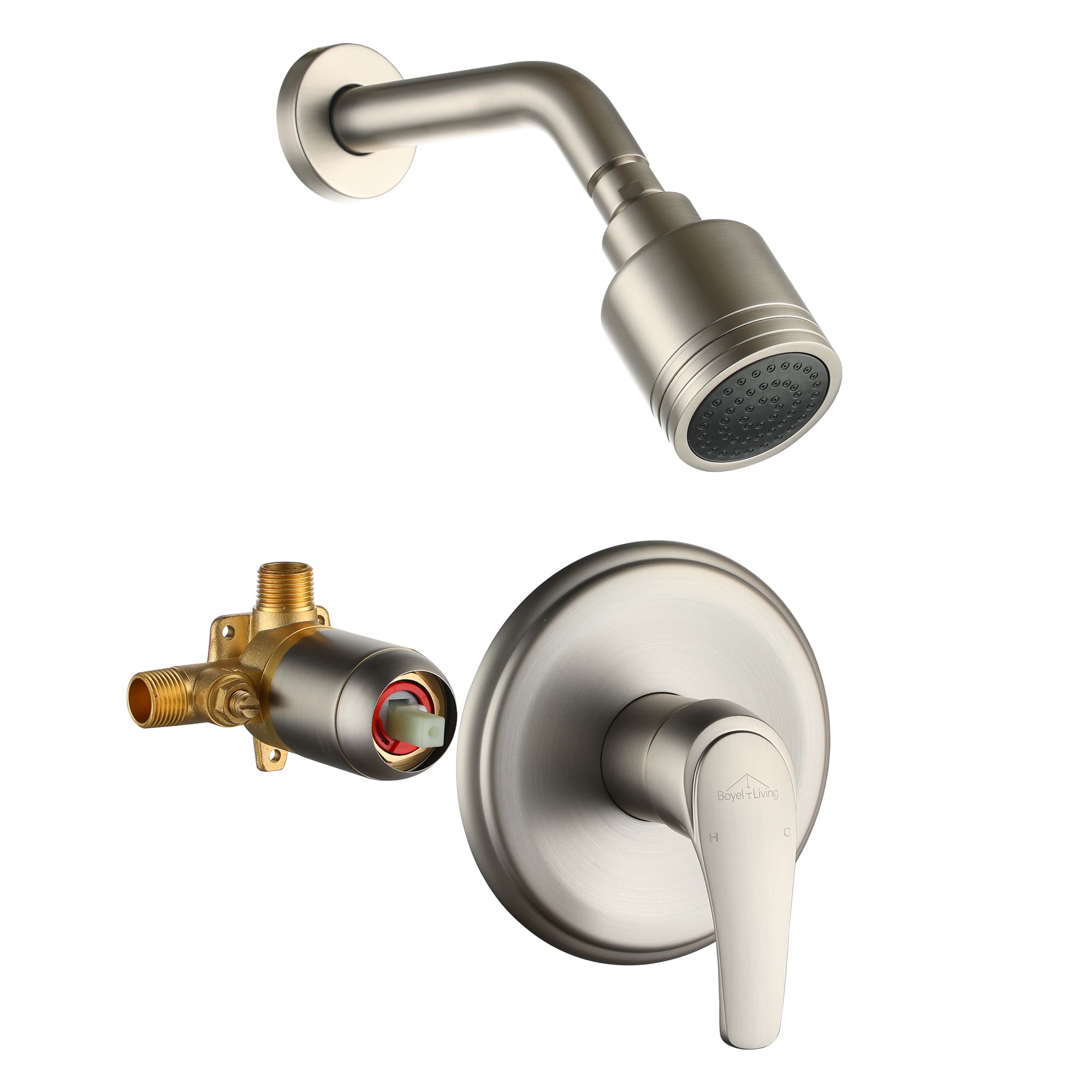 Boyel Living 1-Spray Patterns with 4.1 GPM 2.52 in. Wall Mount Rain Fixed Shower Head with Single Lever Handle in Brushed Nickel