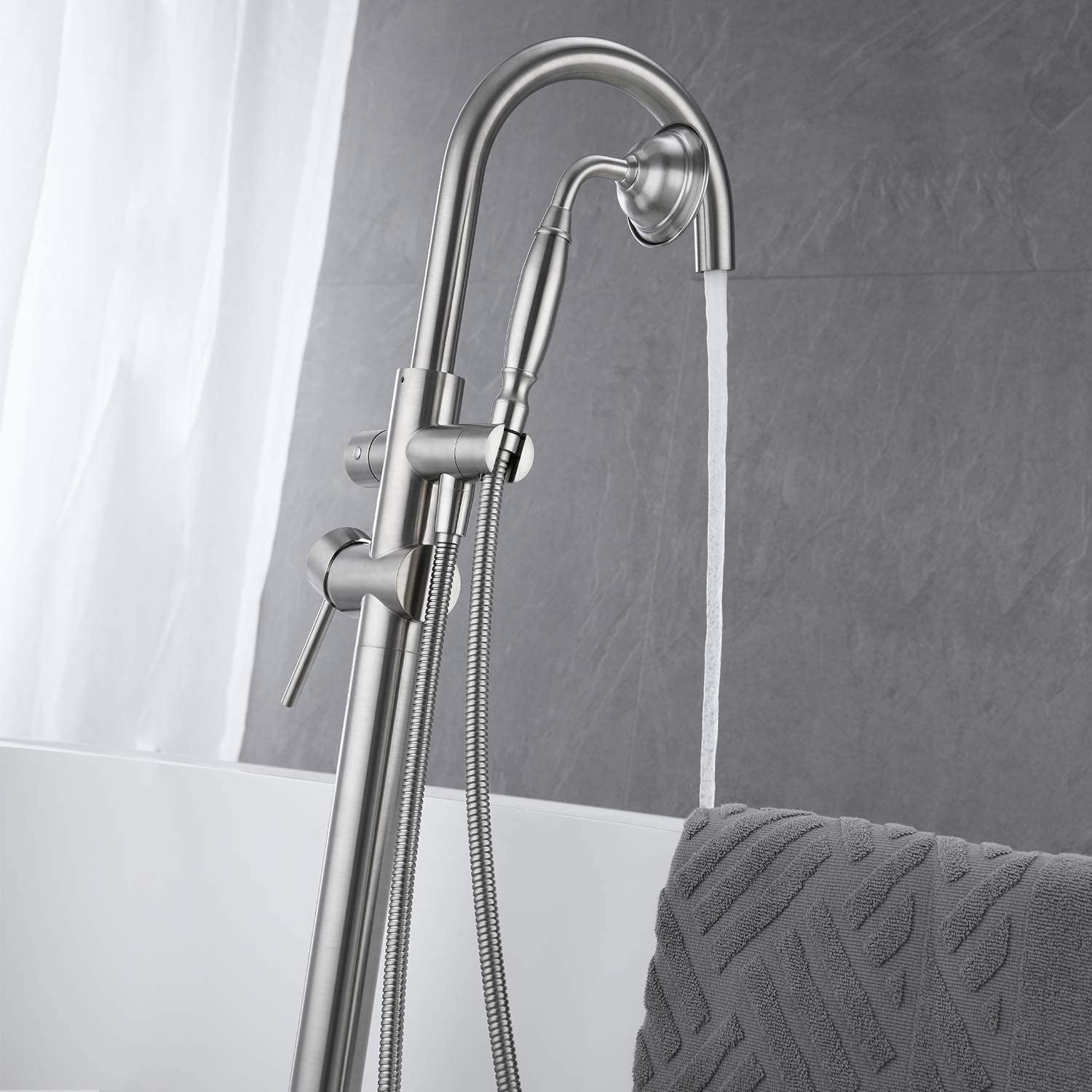 Freestanding Tub Faucet with Handheld Shower in Brushed Nickel with Level Handle 
