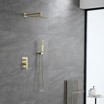 Boyel Living Shower Head System 10 in. Wall Mounted Dual Shower Heads with Rough-In Valve Body and Trim in Brushed Gold