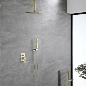 Boyel Living 10 in. Ceiling Dual Shower Heads with Rough-In Valve Body and Trim in Brushed Gold
