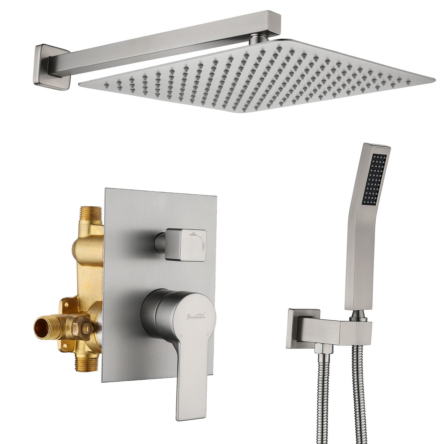 12 in. Wall Mount Dual Shower Heads with Rough-In Valve Body and Trim in Brushed Nickel