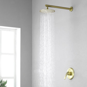 Boyel Living 1-Spray Patterns with 2.5 GPM 8 in. Wall Mount Rain Fixed Shower Head with Single Lever Handle and Valve in Brushed Gold