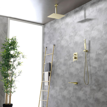 12 in. Ceiling Mount Single-Handle Shower System with Tub Spout in Brushed Gold
