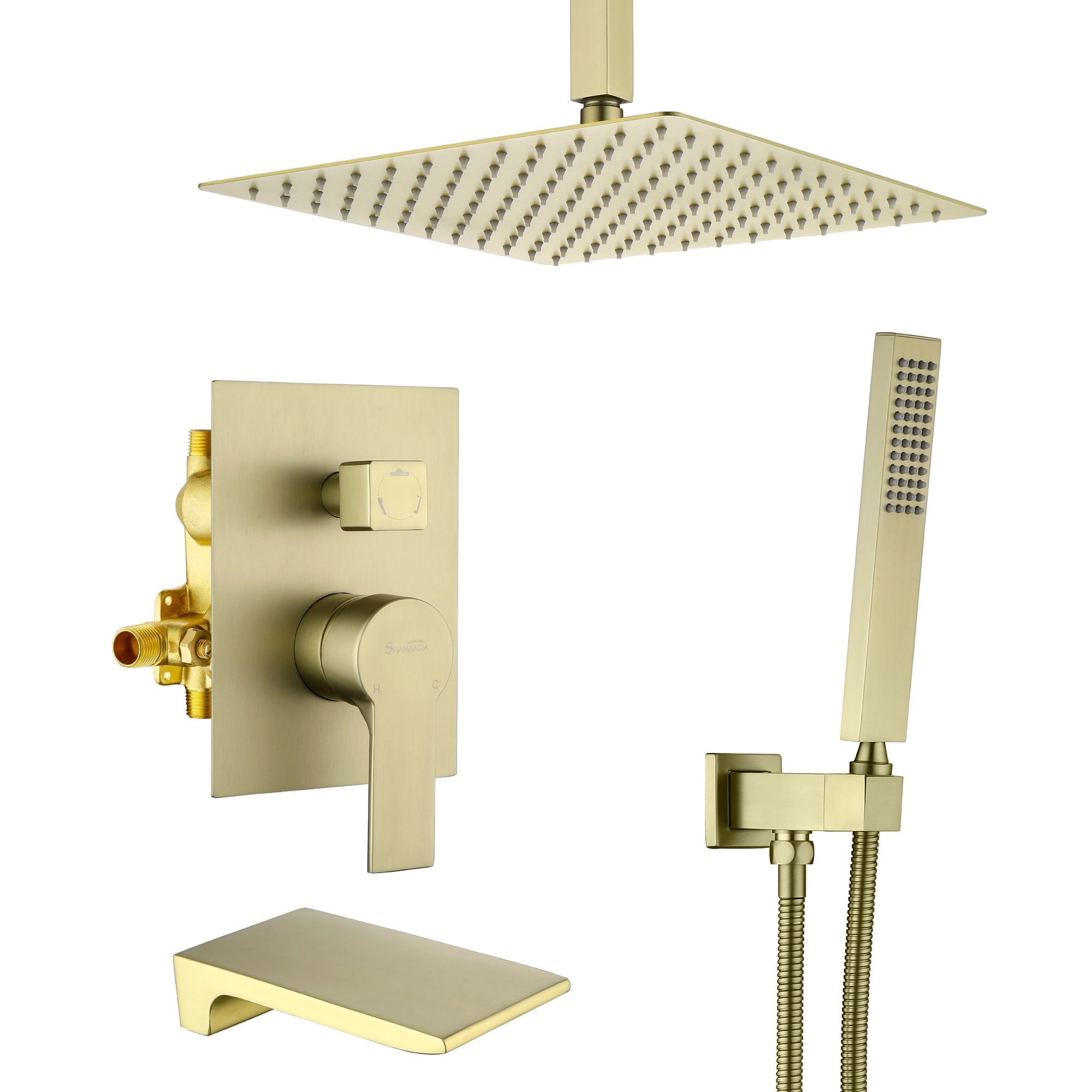 12 in. Ceiling Mount Single-Handle Shower System with Tub Spout in Brushed Gold