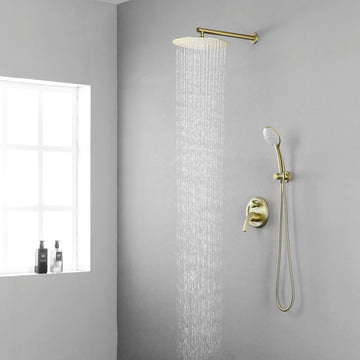 5 Spray Patterns with 2.35 GPM 12 in. Wall Mount Dual Shower Heads with Valve Included in Brushed Gold