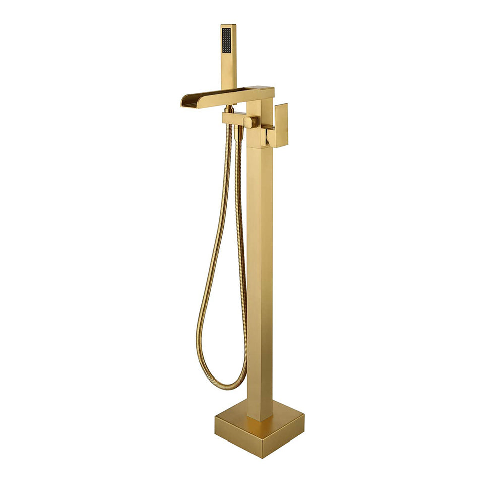 Boyel Living 2.4 GPM Floor Mount Freestanding Waterfall Tub Faucet with Handheld Shower in Brushed Gold