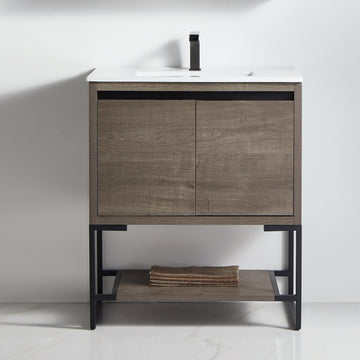 30 in. Plaid Grey Oak Freestanding Bathroom Vanity Cabinet with Ceramics Counter Top