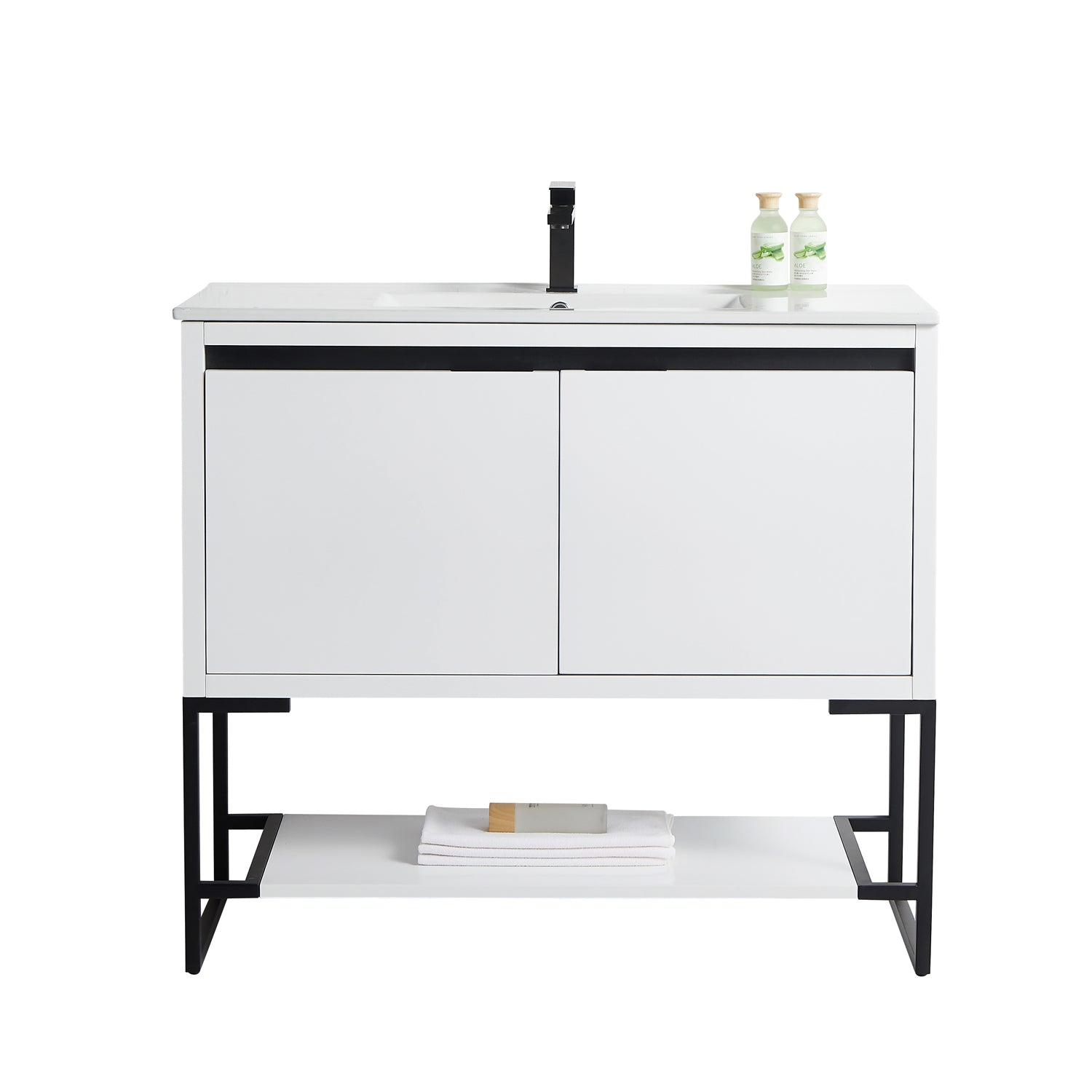 40 in. Freestanding Bathroom Vanity with Ceramics Counter Top Wood Cabinet in White Matt