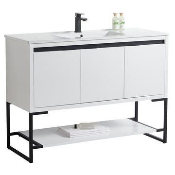 48 in. Freestanding Bathroom Vanity with Ceramics Counter Top Wood Cabinet in White Matt