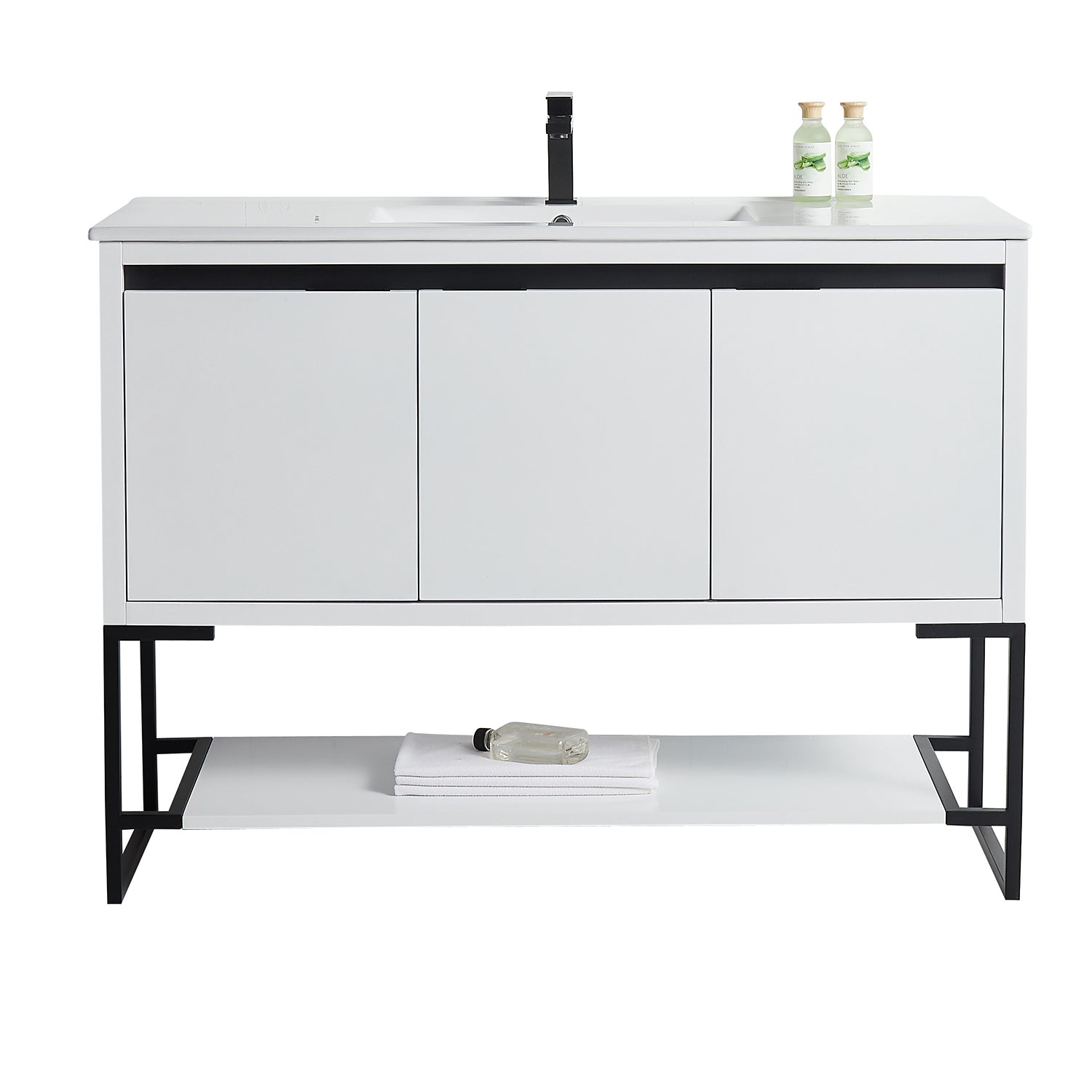 48 in. Freestanding Bathroom Vanity with Ceramics Counter Top Wood Cabinet in White Matt
