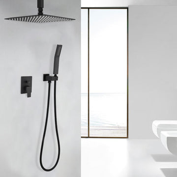 Boyel Living 12 in. Square Rainfall Ceiling Mounted Shower System with Handheld Shower Head, Matte Black