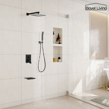 Boyel Living 2 GPM 12 in. Wall Mount Dual Shower Heads, Shower System with Large Waterfall Tub Faucet in Matte Black