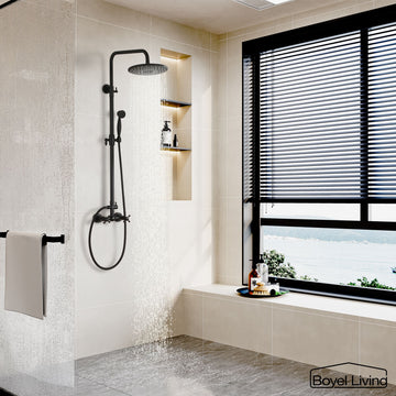 Boyel Living Wall Mount Exposed Pipe Complete Shower System with 2.5 GPM 8 in. Dual Shower Heads in Matte Black