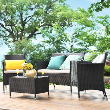 4 Pieces Rattan Sofa Set with Glass Table and Comfortable Wicker for Outdoor Patio