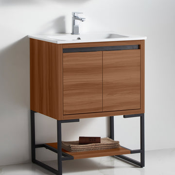 24 in. Freestanding Brown Ebony Bath Vanity Cabinet with Ceramics Vanity Top in White with White Basin