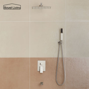 Boyel Living Wall Mounted Shower System with 12 in. Square Rainfall Shower head and Handheld Shower and Tub Faucet, Brushed Nickel
