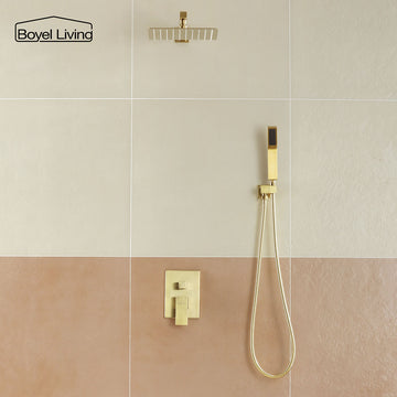 Boyel Living Wall Mounted Dual Shower Heads with 10 in. Square Rainfall Shower head and Handheld Shower Head, Brushed Gold