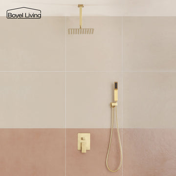 Boyel Living 10 in. Ceiling Mount Dual Shower Heads, Shower System with Handheld Shower in Brushed Gold
