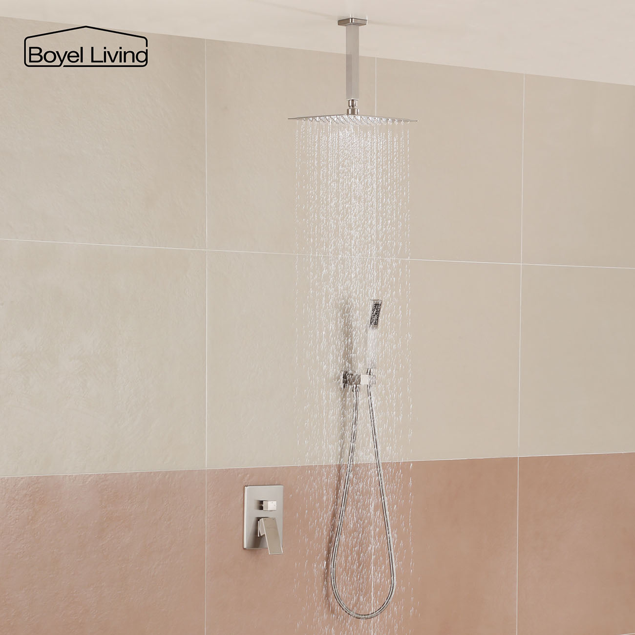 Ceiling Mount Rainfall Shower System with Handheld Shower in Brushed Nickel
