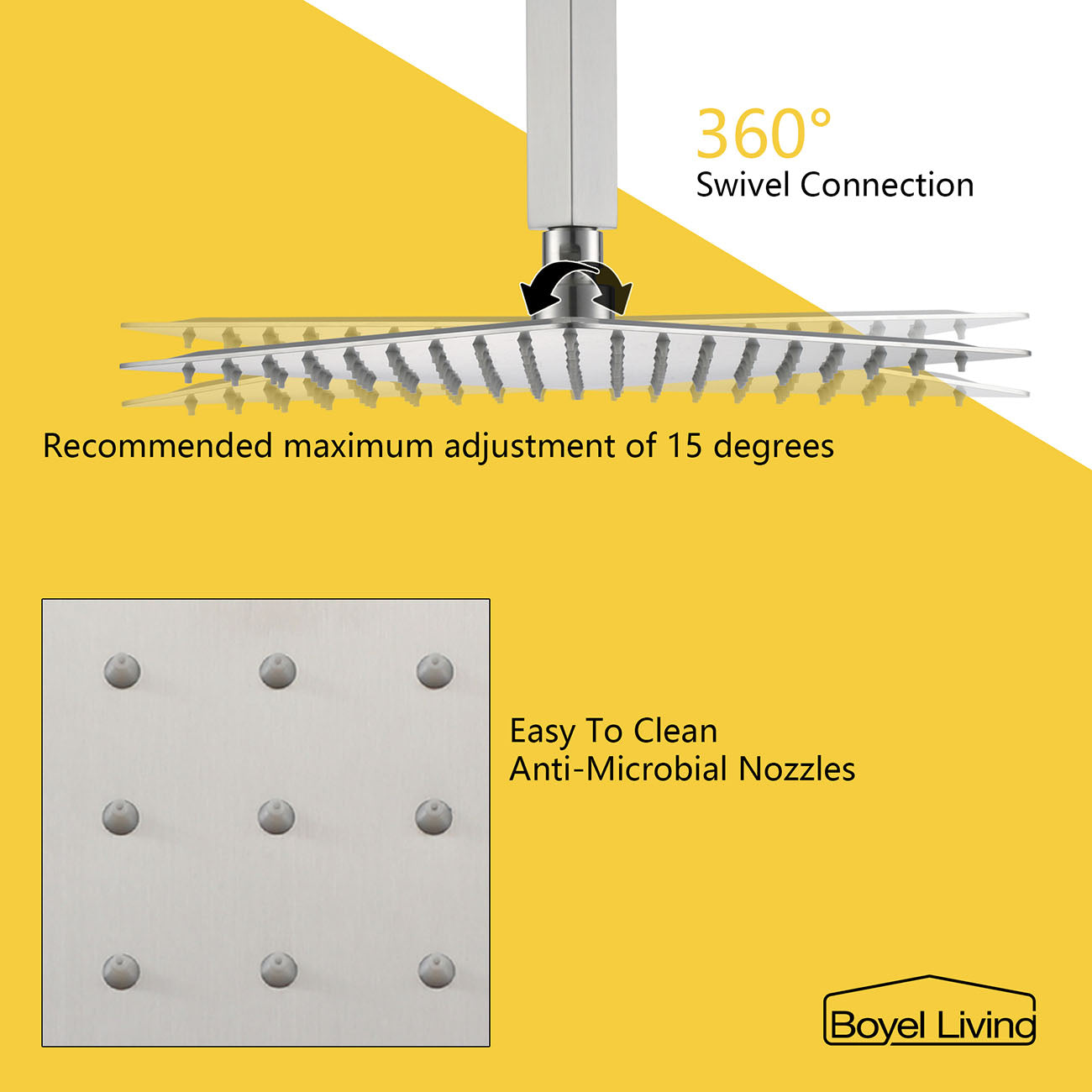 Large Square Rain Shower Head with Anti-Microbial Nozzles in Brushed Nickel