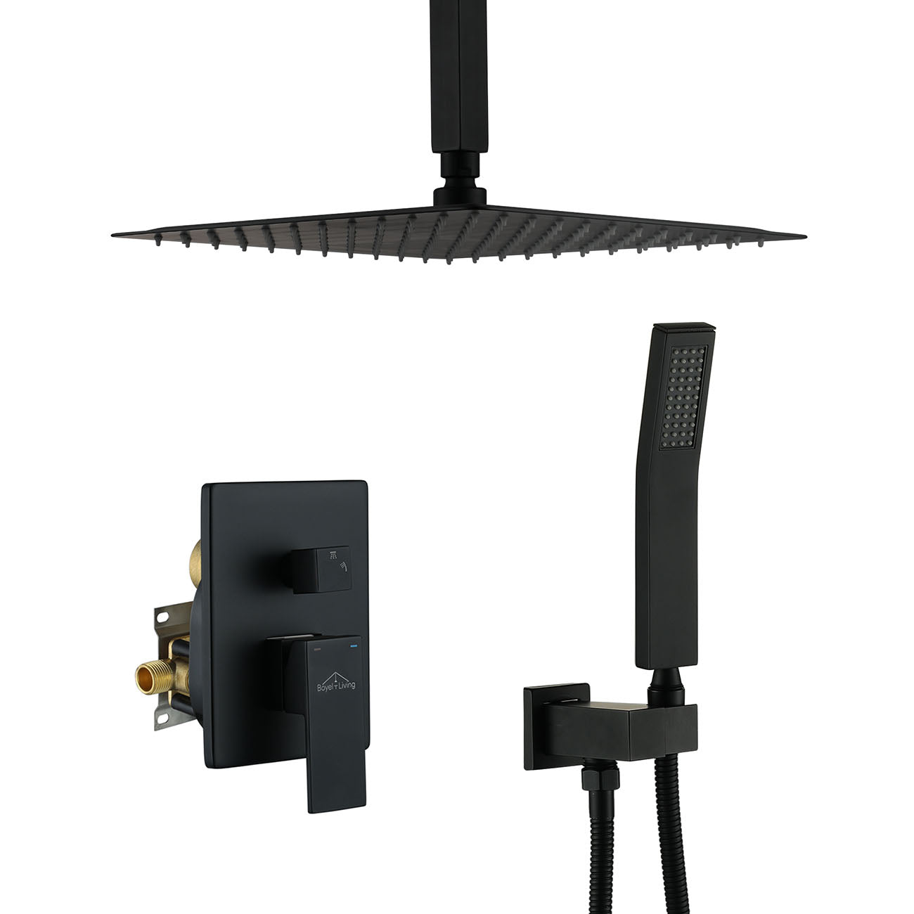 Boyel Living 12 in. Square Rainfall Ceiling Mounted Shower System with Handheld Shower Head, Matte Black