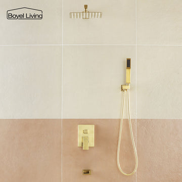 Boyel Living Single Handle Wall Mount 10 in. Shower System with Tub Spout and Handheld Shower in Brushed Gold
