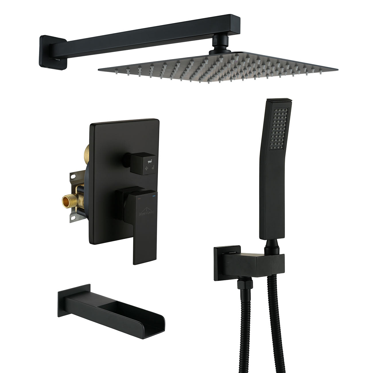 Boyel Living 10 in. Single-Handle Shower System with Handheld Shower and Waterfall Tub Spout in Matte Black