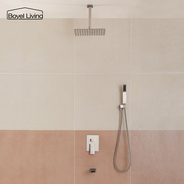 Boyel Living 12 in. Ceiling Mounted Rain Shower Head Shower System with Handheld and Tub Spout in Brushed Nickel