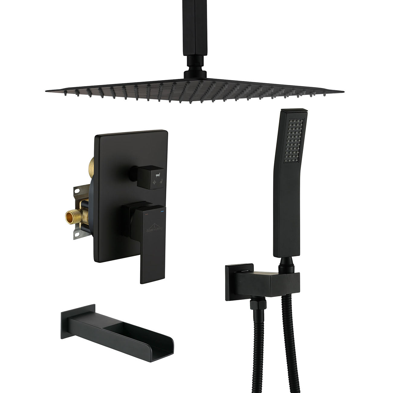 Boyel Living 12 in. Ceiling Mounted Rain Shower System with Tub Faucet in Matte Black