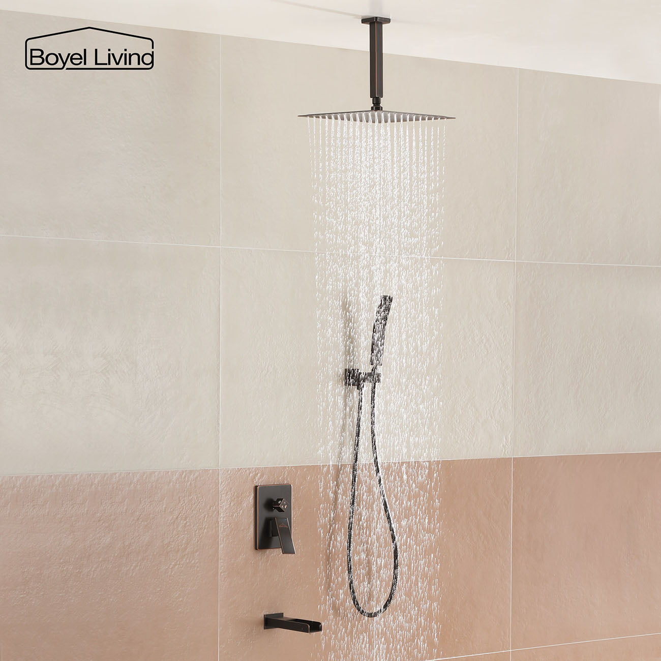 Shower System with 12 In. Ceiling Mount Rain Shower Head, Handheld and Tub Spout