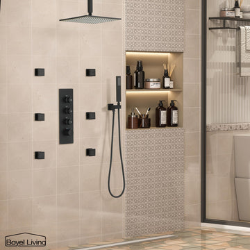 Luxury 6 Jets Thermostatic Shower System Combo Set with Ceiling Rainfall Shower Head and Handshower