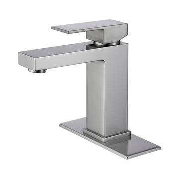 Brushed Nickel Single Hole Single Handle Bathroom Faucet with Deck Plate and Water Supply Hoses
