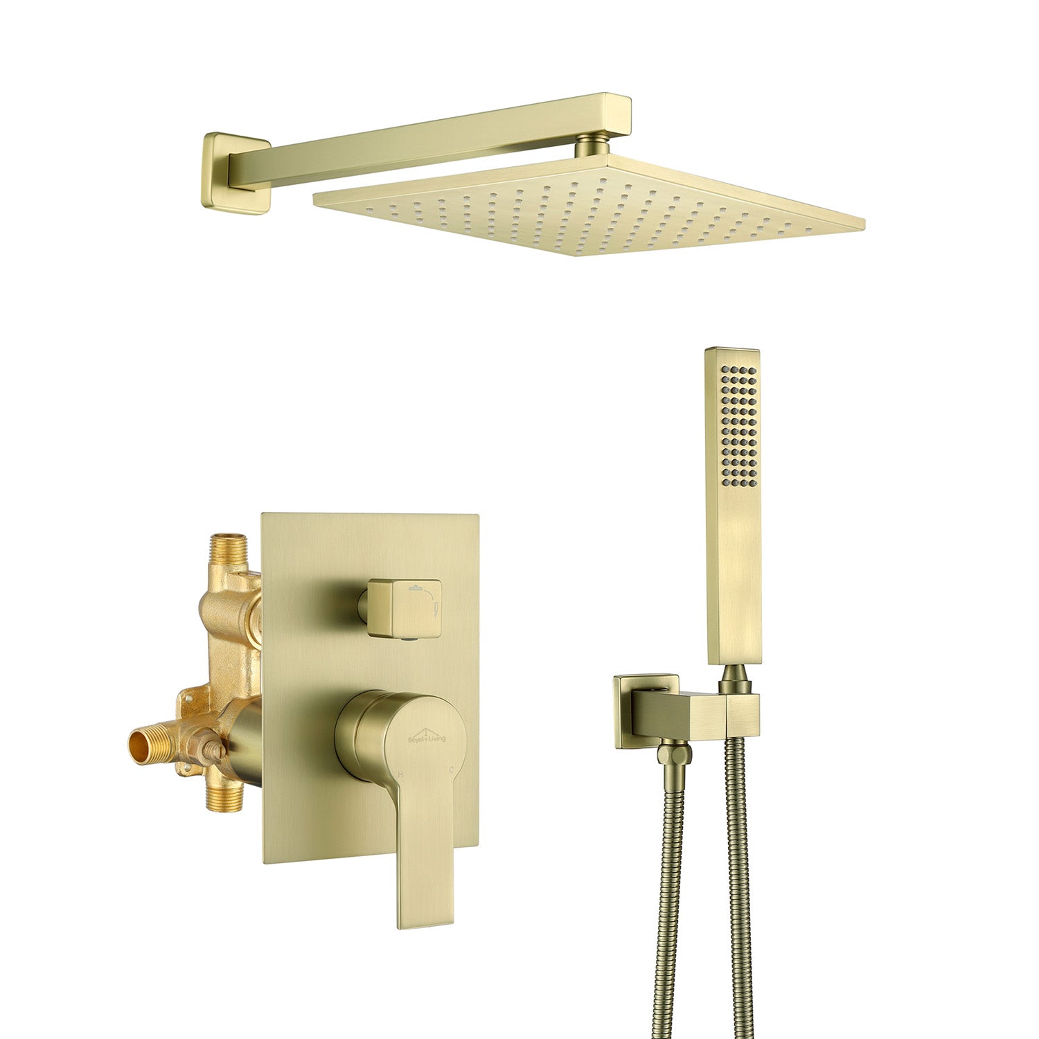 Boyel Living Shower Head System 10 in. Wall Mounted Dual Shower Heads with Rough-In Valve Body and Trim in Brushed Gold