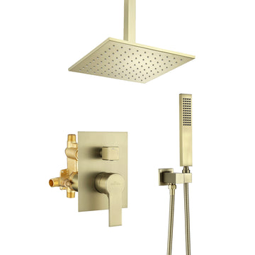 Boyel Living 10 in. Ceiling Dual Shower Heads with Rough-In Valve Body and Trim in Brushed Gold