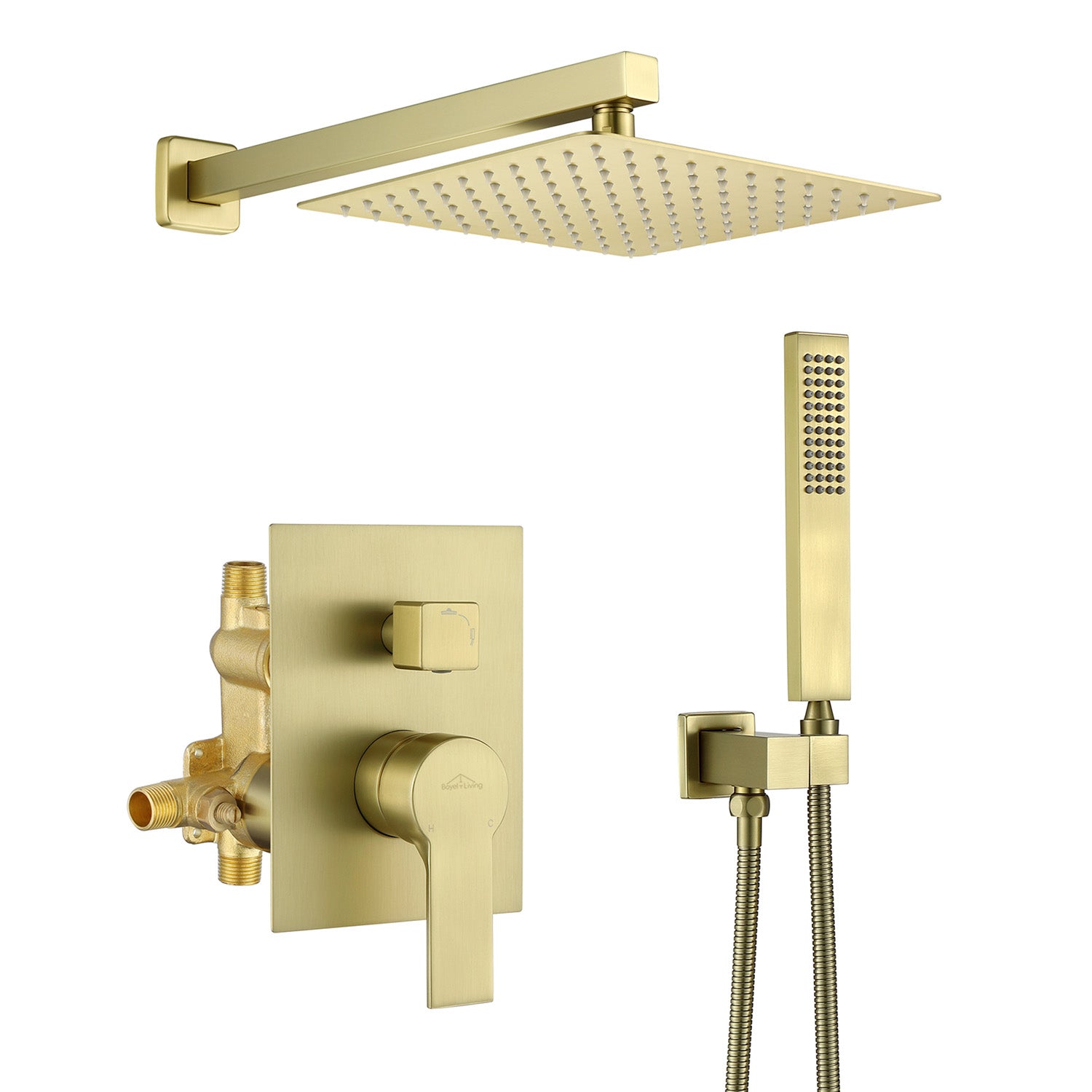 Boyel Living 10 in. Wall Mounted Dual Shower Heads, Shower System with Rough-In Valve Body and Trim in Brushed Gold