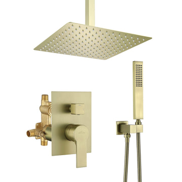 Boyel Living 1-Spray Patterns 2.38 GPM 12 in. Ceiling Mount Dual Shower Heads with Rough-In Valve Body and Trim in Brushed Gold