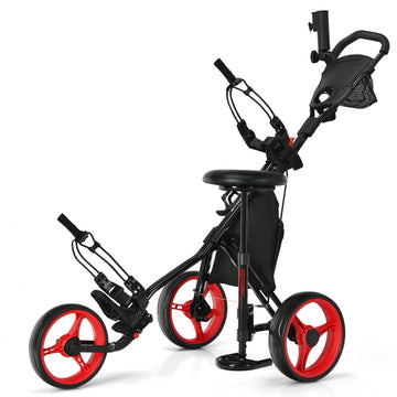 3 Wheels Folding Golf Push Cart with Seat Scoreboard and Adjustable Handle