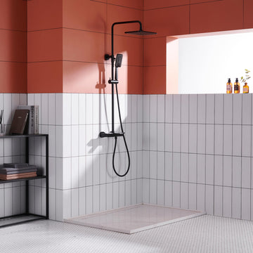 Wall Mount Thermostatic Rain Shower System with Handheld Shower and Tub Spout in Matte Black