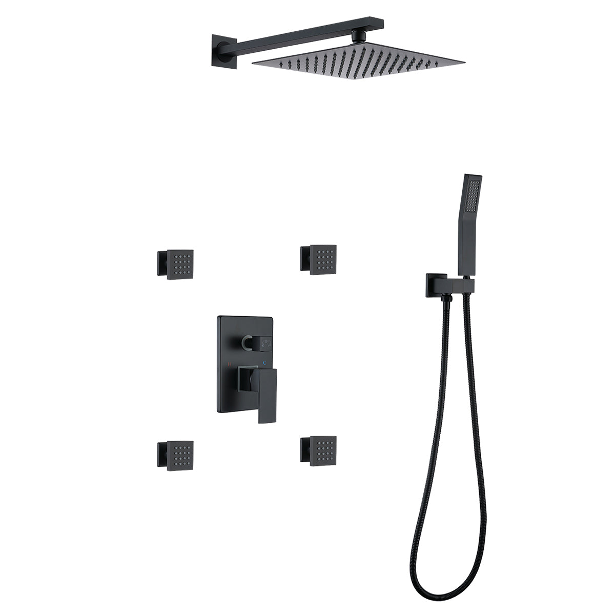 Waterfall Top Spray Wall Type Bathroom Shower System with Black 4 Side Spray Hot and Cold Body