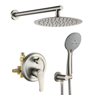 5 Spray Patterns with 2.3 GPM 10 in. Wall Mount Dual Shower Heads with Valve Included in Brushed Nickel